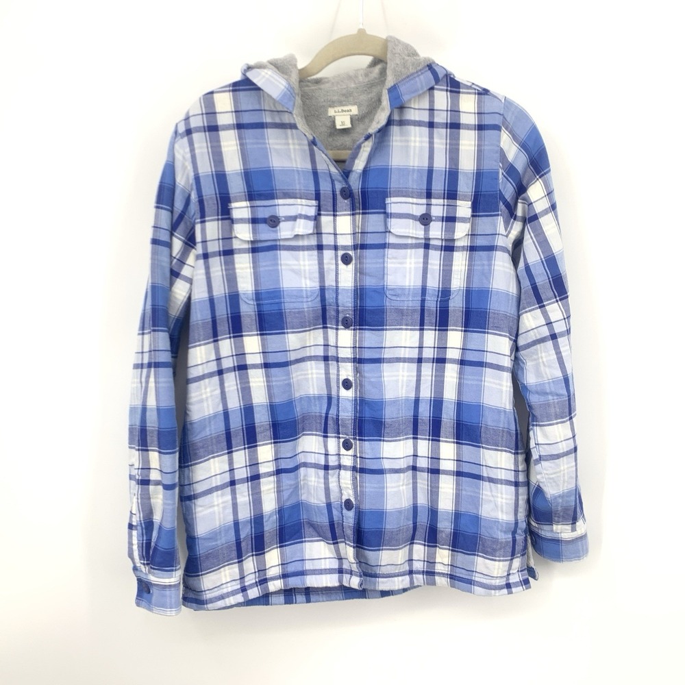 LL Bean Women Size XS Shirt Button Down Top Blue White Plaid Fleece Lined Hoodie